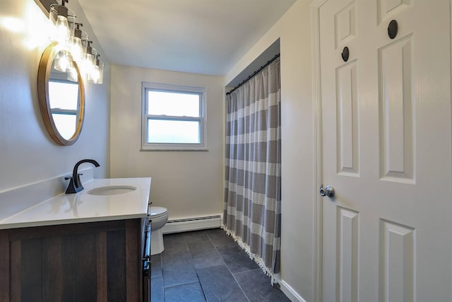 bathroom featuring tile patterned flooring, a baseboard heating unit, vanity, toilet, and walk in shower