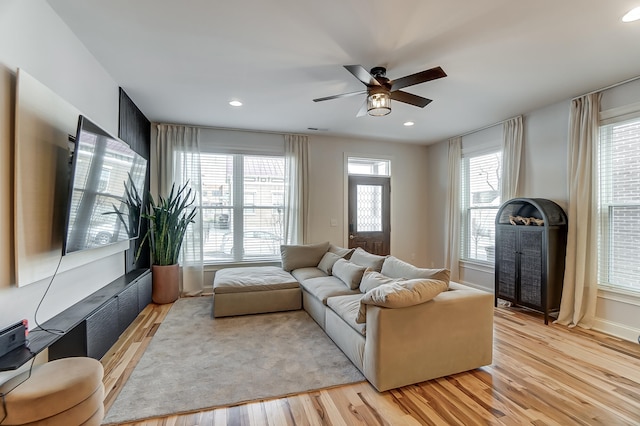 living room featuring ceiling fan and light hardwood / wood-style flooring