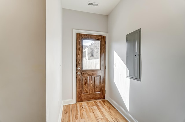 entryway with electric panel and light hardwood / wood-style floors