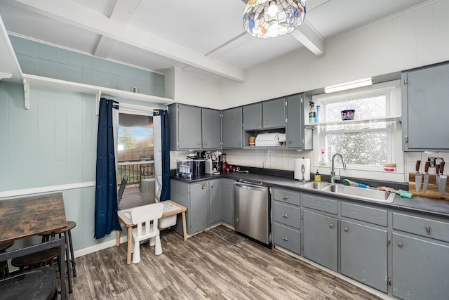 kitchen featuring beamed ceiling, stainless steel dishwasher, sink, and gray cabinetry