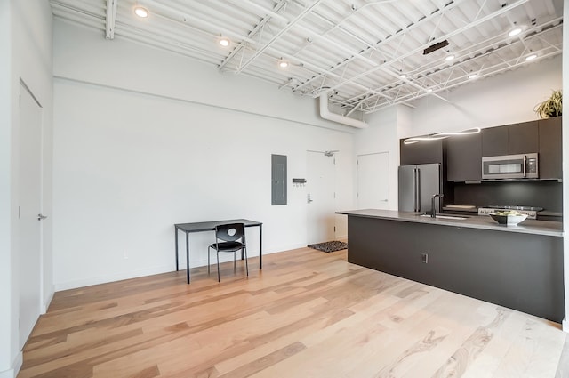 kitchen featuring light wood finished floors, stainless steel appliances, a sink, modern cabinets, and electric panel