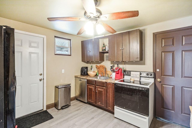 kitchen featuring white electric range, sink, dark brown cabinets, stainless steel dishwasher, and light hardwood / wood-style floors