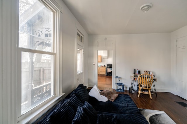 living room featuring dark wood-type flooring