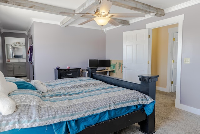 carpeted bedroom featuring crown molding, beam ceiling, and ceiling fan