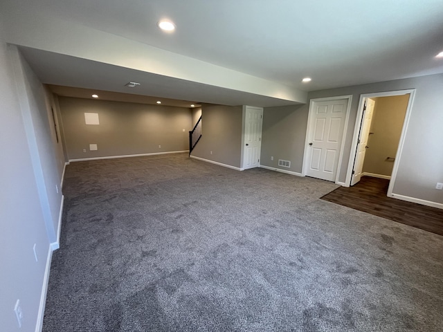 1703 Barons Cv, Hebron, KY 41048 - finished below grade area with baseboards, stairs, dark carpet, and recessed lighting