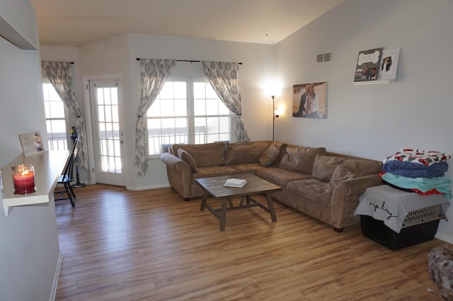 living room featuring wood-type flooring and vaulted ceiling