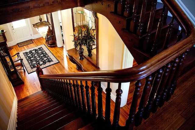 stairs featuring hardwood / wood-style flooring