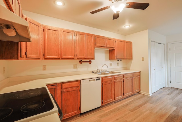 kitchen featuring range with electric cooktop, sink, ceiling fan, white dishwasher, and light wood-type flooring