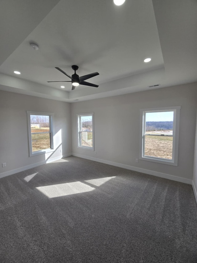 empty room featuring ceiling fan, a raised ceiling, and carpet