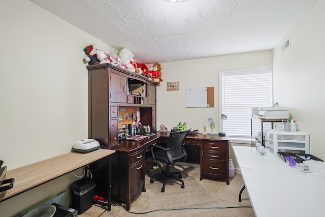 carpeted office space featuring a textured ceiling