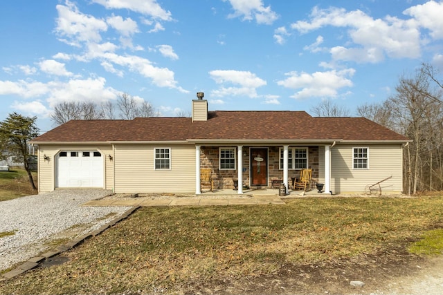 single story home with gravel driveway, a chimney, a porch, an attached garage, and a front lawn