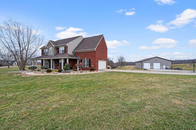 view of front of property featuring a porch, a garage, and a front lawn