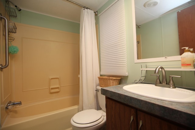 bathroom with shower / bath combination with curtain, visible vents, vanity, and toilet