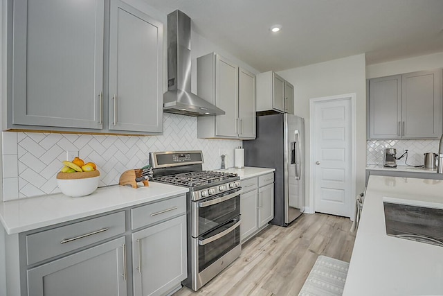 kitchen with wall chimney range hood, stainless steel appliances, light countertops, and gray cabinetry