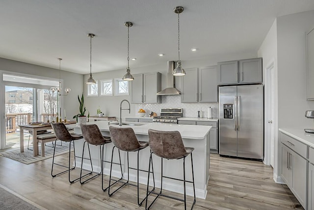 kitchen with wall chimney exhaust hood, appliances with stainless steel finishes, a kitchen island with sink, light countertops, and a sink