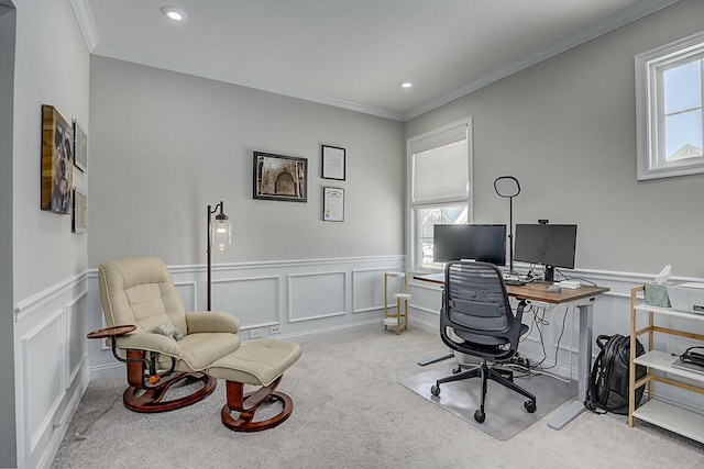 office featuring crown molding, carpet, a wainscoted wall, and plenty of natural light