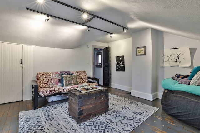 living room with lofted ceiling, dark wood-type flooring, track lighting, and a textured ceiling