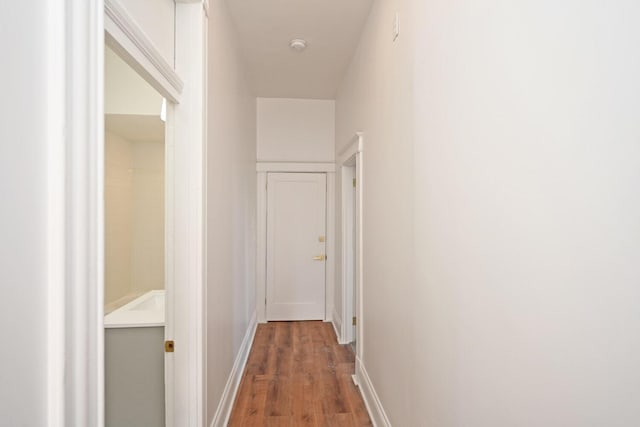 hallway with dark hardwood / wood-style flooring