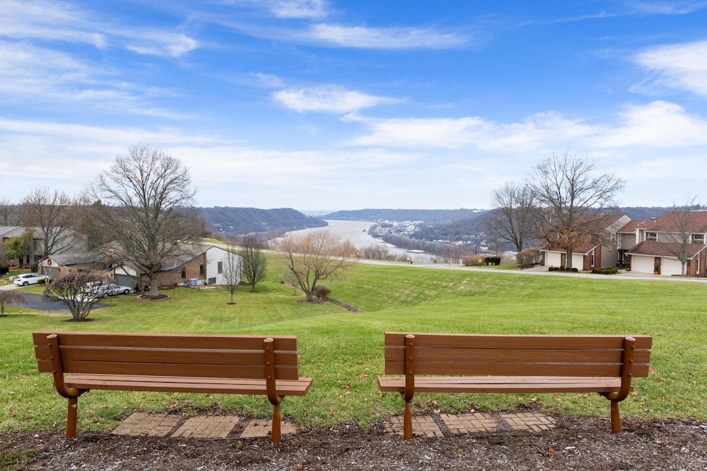 surrounding community with a residential view, a mountain view, and a lawn