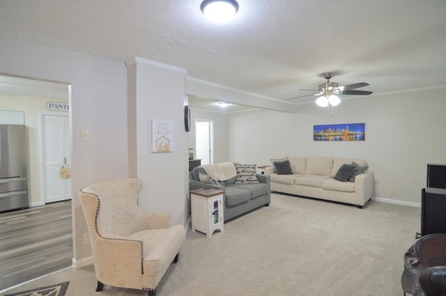 living room with ceiling fan, carpet flooring, and a textured ceiling