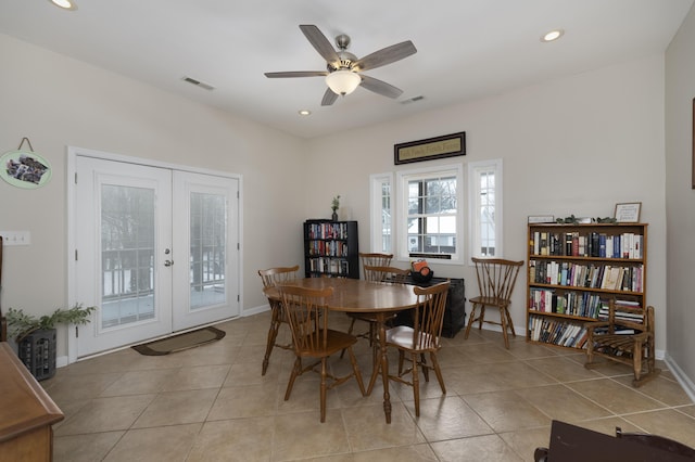 3408 Cowie Ave, Erlanger, KY 41018 - dining space featuring light tile patterned floors, ceiling fan, and french doors