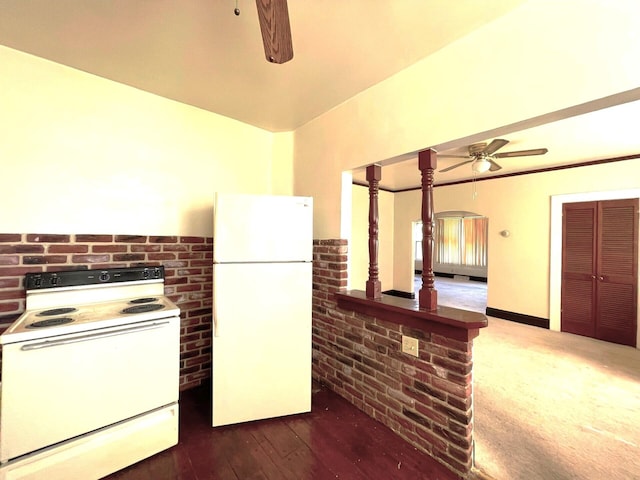kitchen featuring a ceiling fan, white appliances, arched walkways, and hardwood / wood-style flooring