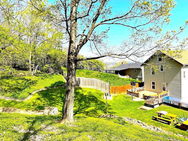 view of yard with a wooden deck and fence