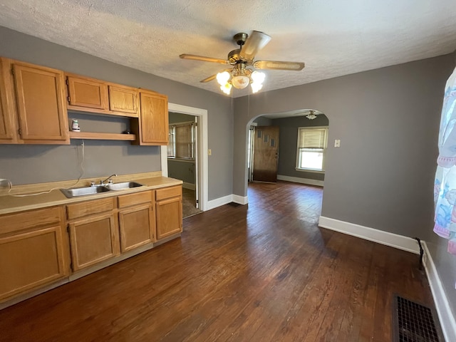 kitchen with ceiling fan, sink, dark wood-type flooring, and a textured ceiling