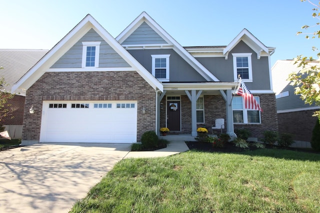 view of front of home featuring a porch, a garage, brick siding, concrete driveway, and a front lawn