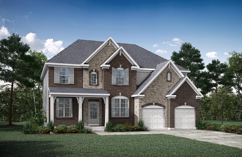 view of front of home with driveway, a shingled roof, an attached garage, and a front yard