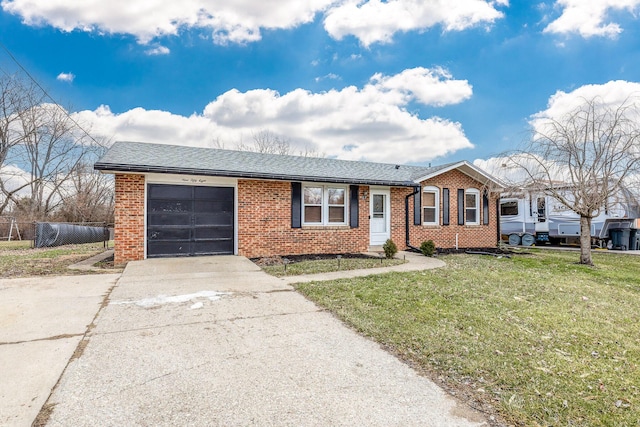 ranch-style house with a garage, brick siding, a shingled roof, concrete driveway, and a front yard