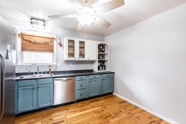 kitchen featuring stainless steel appliances, a sink, white cabinets, blue cabinetry, and dark countertops