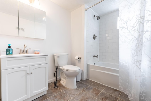 full bath featuring shower / bath combination with curtain, vanity, toilet, and tile patterned floors