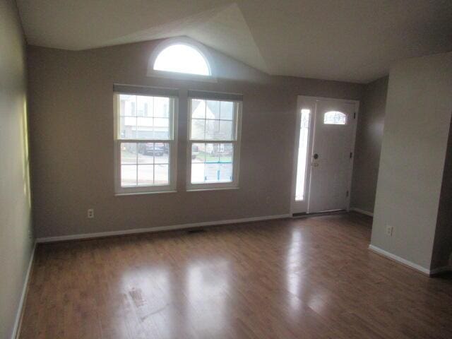 foyer entrance featuring dark hardwood / wood-style flooring and vaulted ceiling