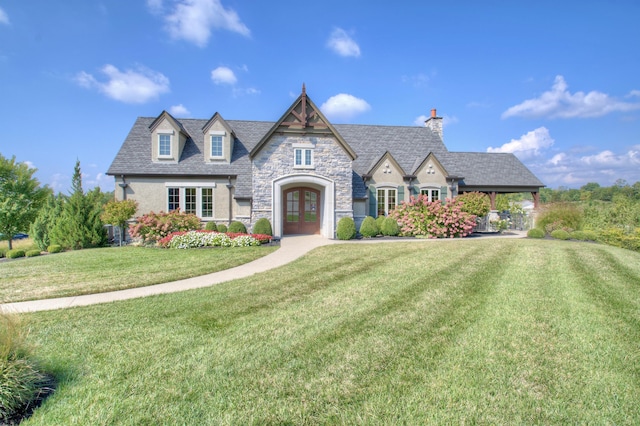 view of front of home featuring french doors, stone siding, and a front yard