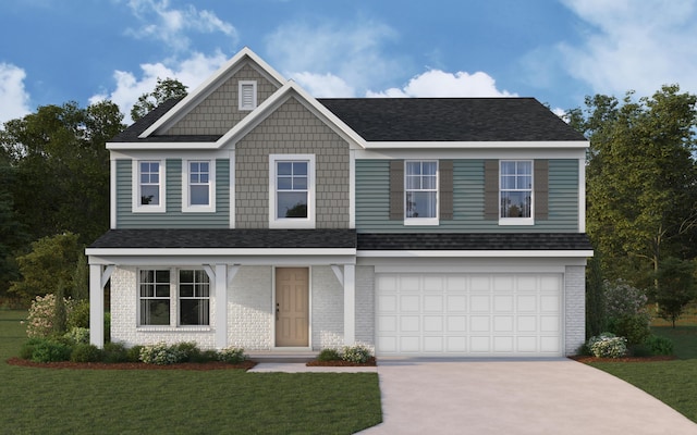 view of front of property with a garage, brick siding, concrete driveway, roof with shingles, and a front yard