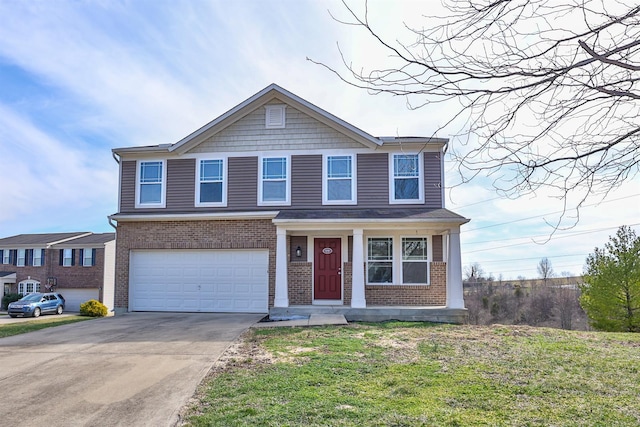 traditional-style house featuring a front yard, a garage, brick siding, and driveway