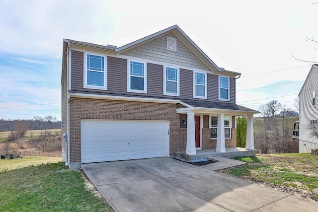 view of front of property featuring covered porch, concrete driveway, an attached garage, a front yard, and brick siding