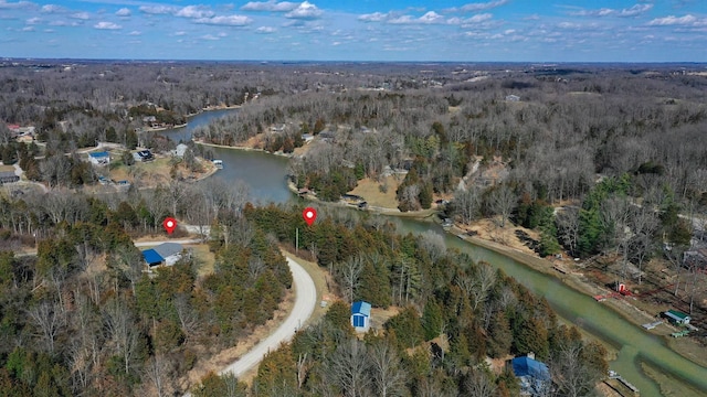 birds eye view of property with a water view and a forest view