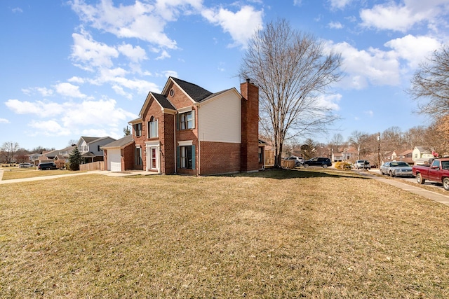 view of property exterior featuring a lawn, a chimney, a residential view, an attached garage, and brick siding