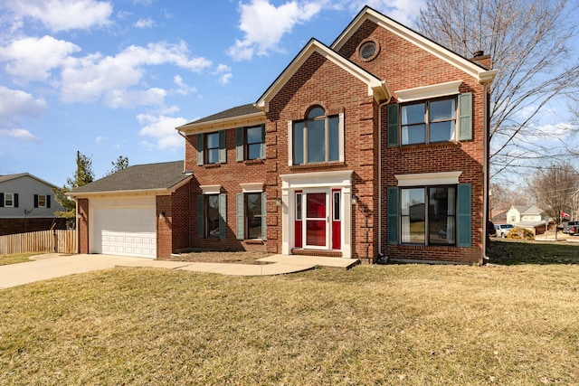 view of front of home featuring a garage, concrete driveway, brick siding, and a front lawn