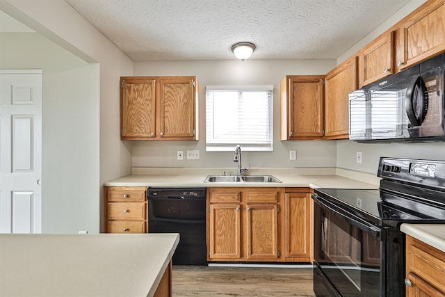 2041 Lafitte Ct, Union, KY 41091 - kitchen with a sink, brown cabinetry, black appliances, light countertops, and light wood-style floors