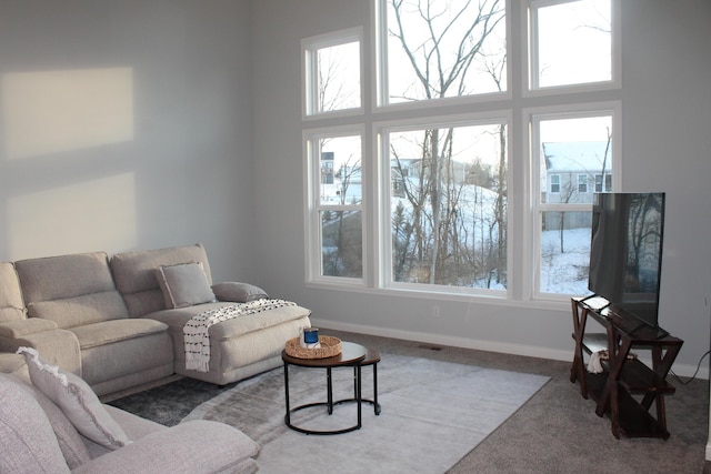 living room featuring carpet floors, plenty of natural light, and baseboards