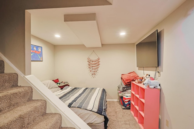 bedroom with carpet floors, recessed lighting, and baseboards