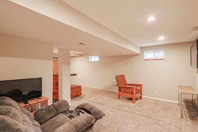 living room with carpet, visible vents, baseboards, and recessed lighting