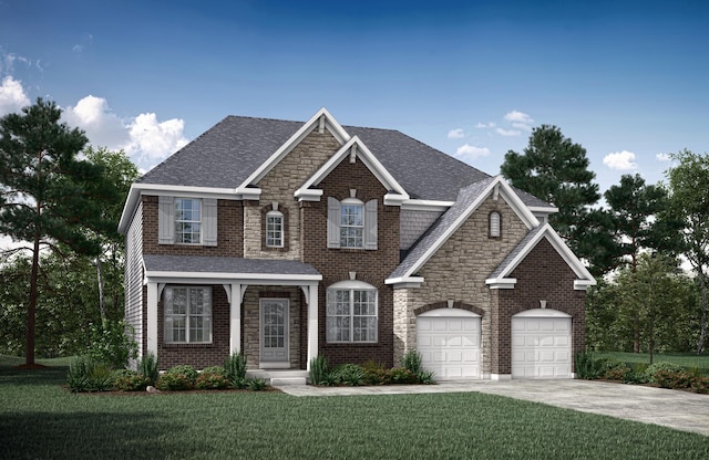 view of front of property featuring a shingled roof, a front yard, concrete driveway, and an attached garage