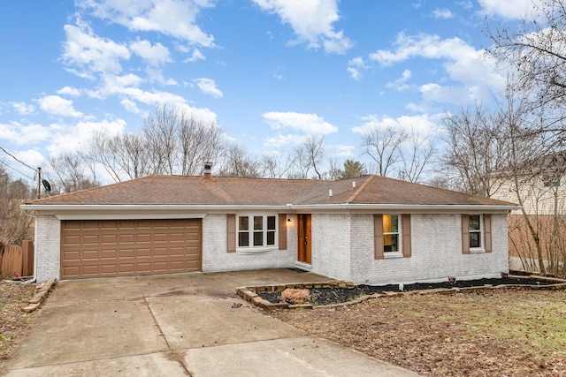 ranch-style home featuring an attached garage, driveway, roof with shingles, and brick siding