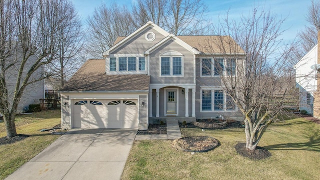 view of front of home featuring a garage, concrete driveway, a shingled roof, and a front yard