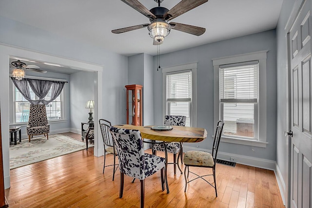 dining area featuring light wood-type flooring, plenty of natural light, visible vents, and baseboards