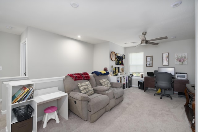 office area with recessed lighting, ceiling fan, baseboards, and light colored carpet